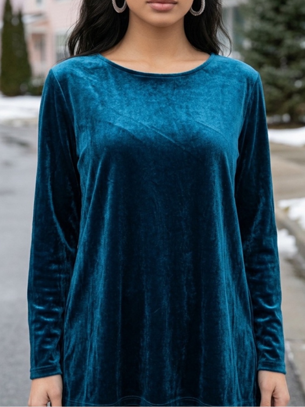 intro. Velvet Long-Sleeve Scoop Neck Top - Teal